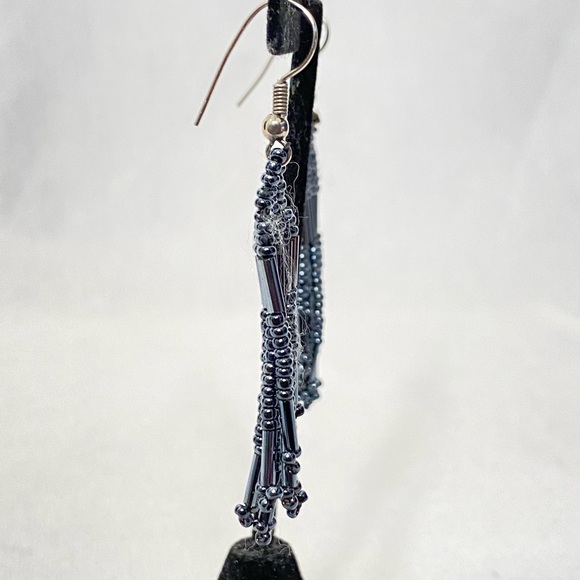 Boho Beaded Earrings Seed Bead Metallic Blue Dangle Drop Fringe - Picture 2 of 8